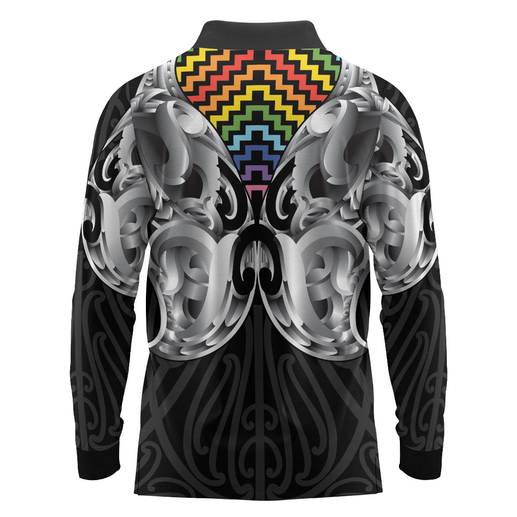 Aotearoa Kowhaiwhai Poutama Rainbow Motif Long Sleeve Polo Shirt LT9 - Polynesian Pride