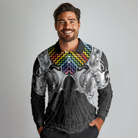 Aotearoa Kowhaiwhai Poutama Rainbow Motif Long Sleeve Polo Shirt LT9 - Polynesian Pride
