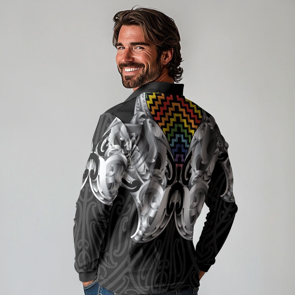 Aotearoa Kowhaiwhai Poutama Rainbow Motif Long Sleeve Polo Shirt LT9 - Polynesian Pride