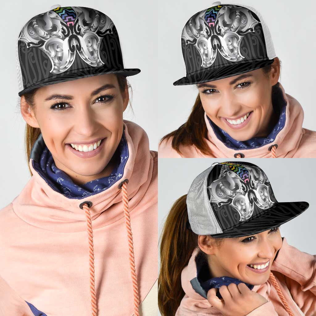 Aotearoa Kowhaiwhai Poutama Rainbow Motif Mesh Trucker Cap