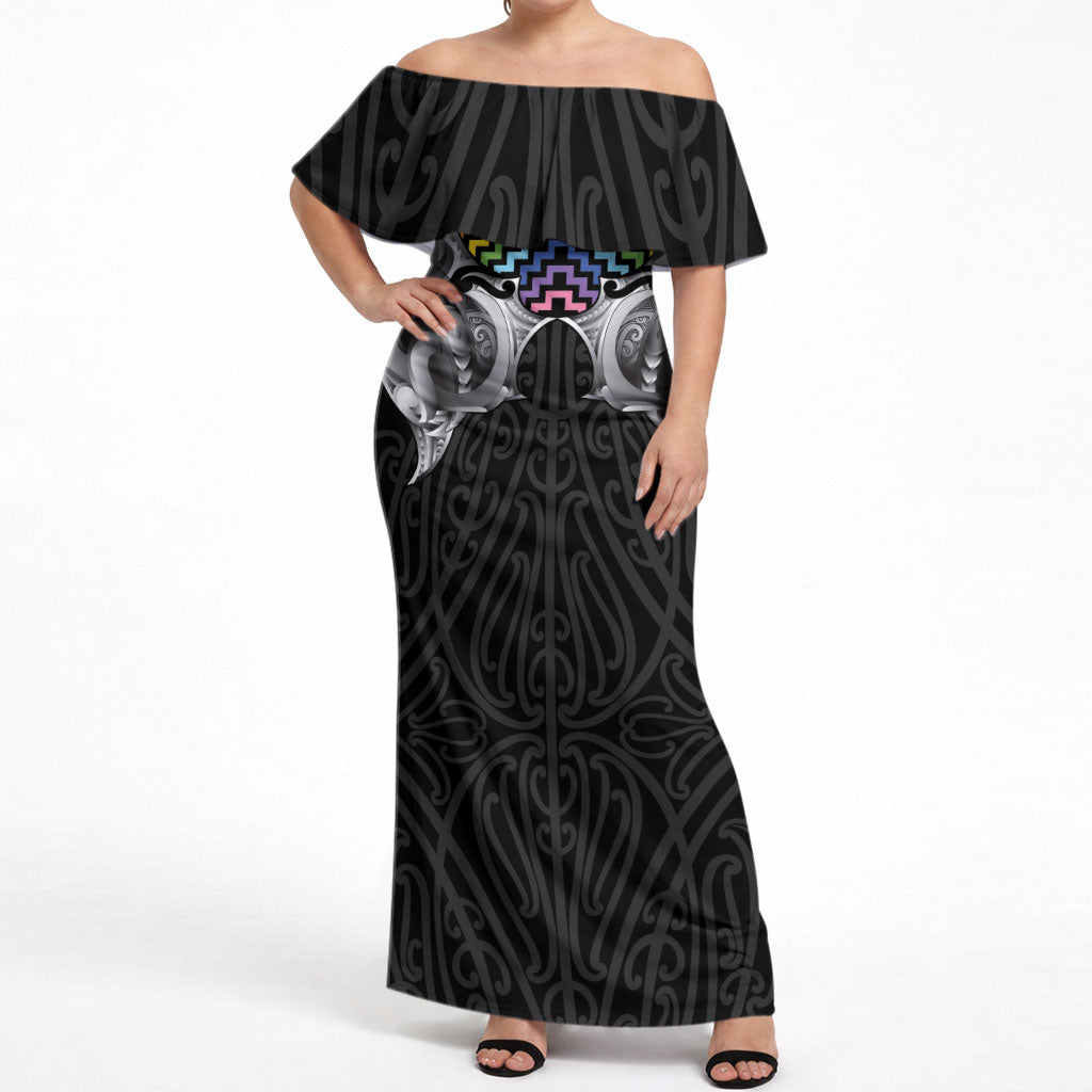 Aotearoa Kowhaiwhai Poutama Rainbow Motif Off Shoulder Maxi Dress LT9 Women Rainbow - Polynesian Pride