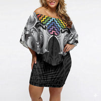 Aotearoa Kowhaiwhai Poutama Rainbow Motif Off Shoulder Short Dress LT9 Women Rainbow - Polynesian Pride