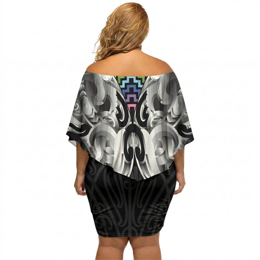 Aotearoa Kowhaiwhai Poutama Rainbow Motif Off Shoulder Short Dress LT9 - Polynesian Pride