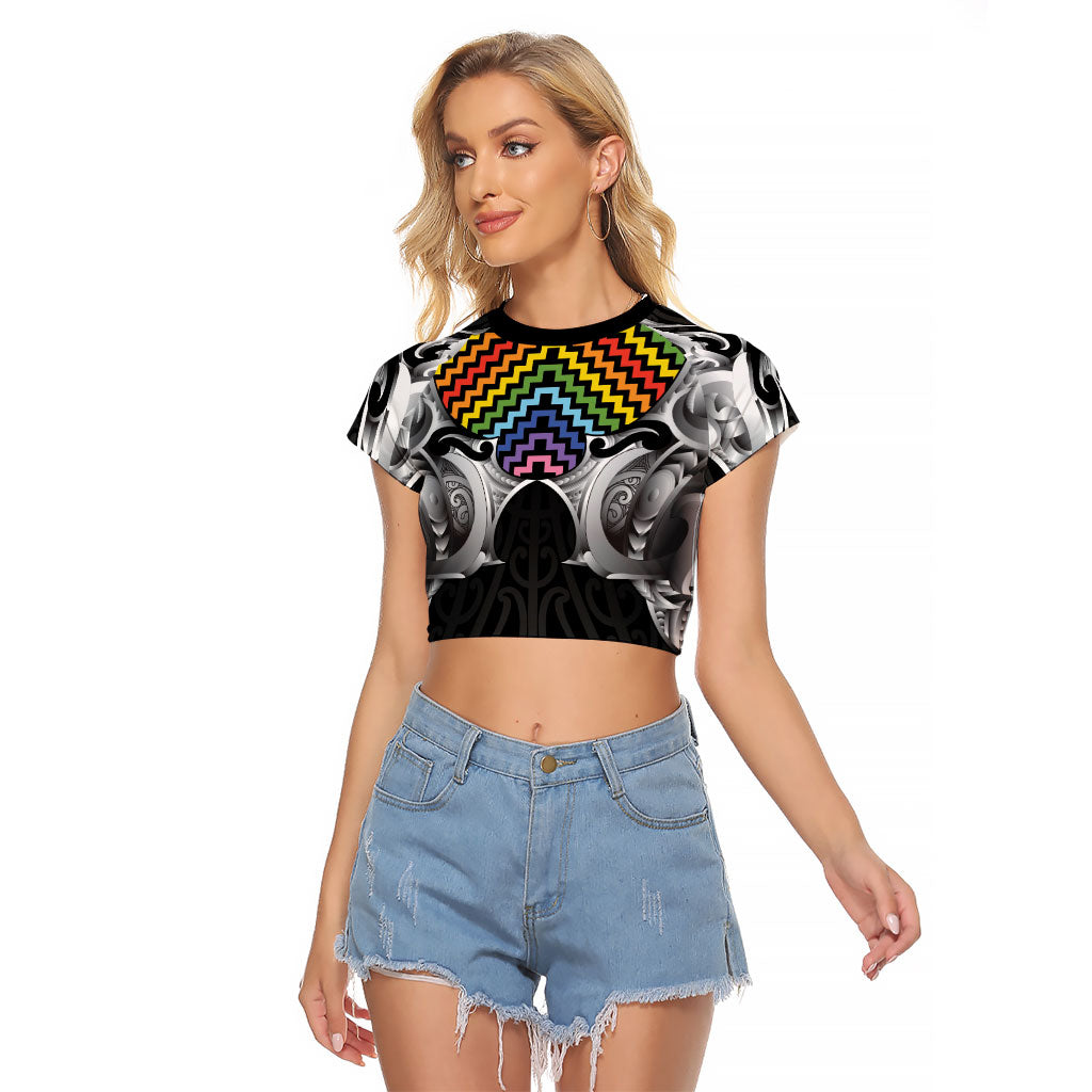 Aotearoa Kowhaiwhai Poutama Rainbow Motif Raglan Cropped T Shirt LT9 Female Rainbow - Polynesian Pride