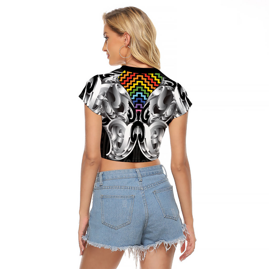 Aotearoa Kowhaiwhai Poutama Rainbow Motif Raglan Cropped T Shirt LT9 - Polynesian Pride