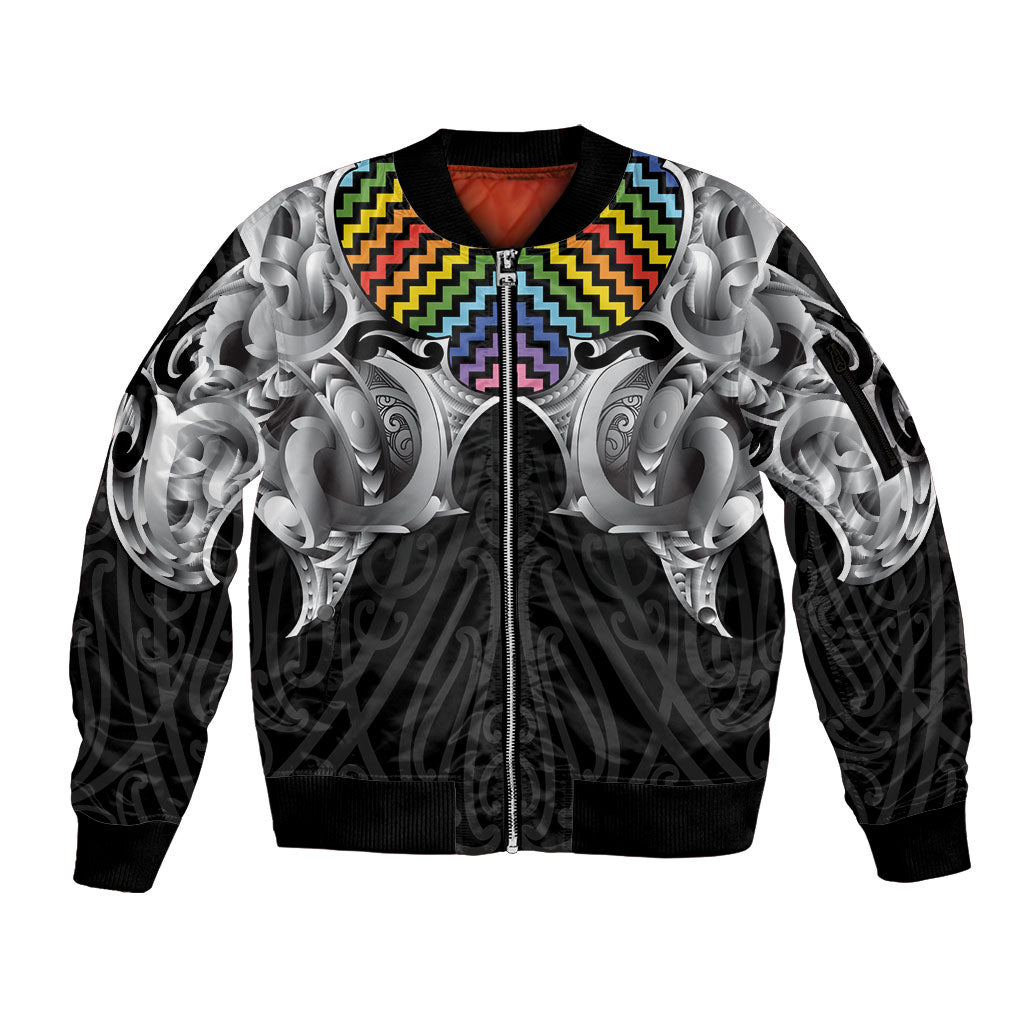 Aotearoa Kowhaiwhai Poutama Rainbow Motif Sleeve Zip Bomber Jacket LT9 Unisex Rainbow - Polynesian Pride