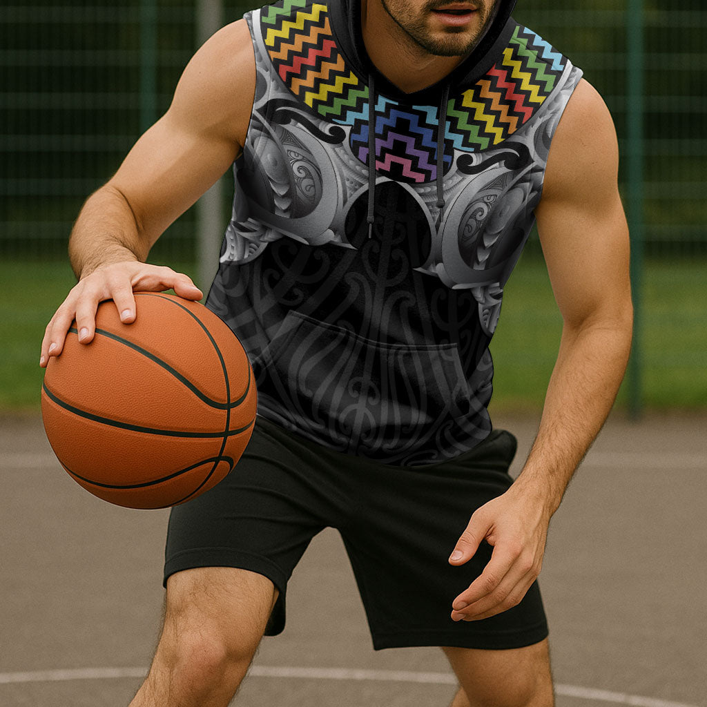 Aotearoa Kowhaiwhai Poutama Rainbow Motif Sleeveless Hoodie LT9 - Polynesian Pride