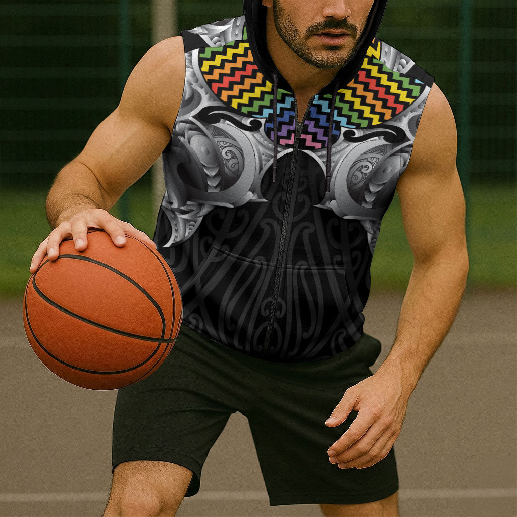 Aotearoa Kowhaiwhai Poutama Rainbow Motif Sleeveless Zip Hoodie LT9 - Polynesian Pride