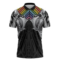 Aotearoa Kowhaiwhai Poutama Rainbow Motif Zipper Polo Shirt LT9 Rainbow - Polynesian Pride