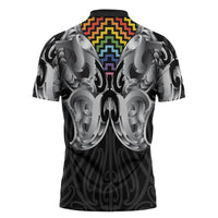 Aotearoa Kowhaiwhai Poutama Rainbow Motif Zipper Polo Shirt LT9 - Polynesian Pride
