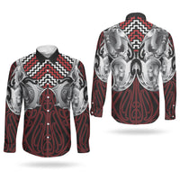 Aotearoa Kowhaiwhai Poutama Red Motif Couples Matching Puletasi and Long Sleeve Button Shirt LT9 - Polynesian Pride