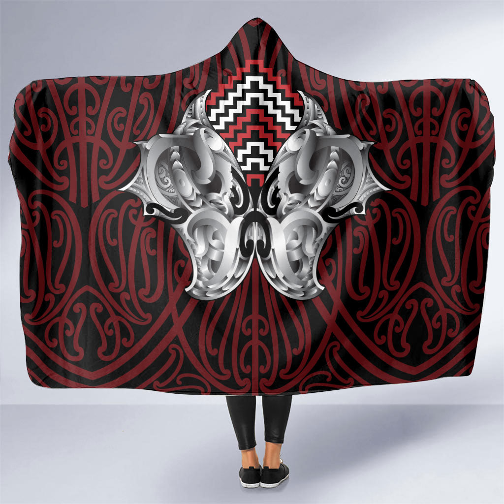 Aotearoa Kowhaiwhai Poutama Red Motif Hooded Blanket LT9 One Size Red - Polynesian Pride