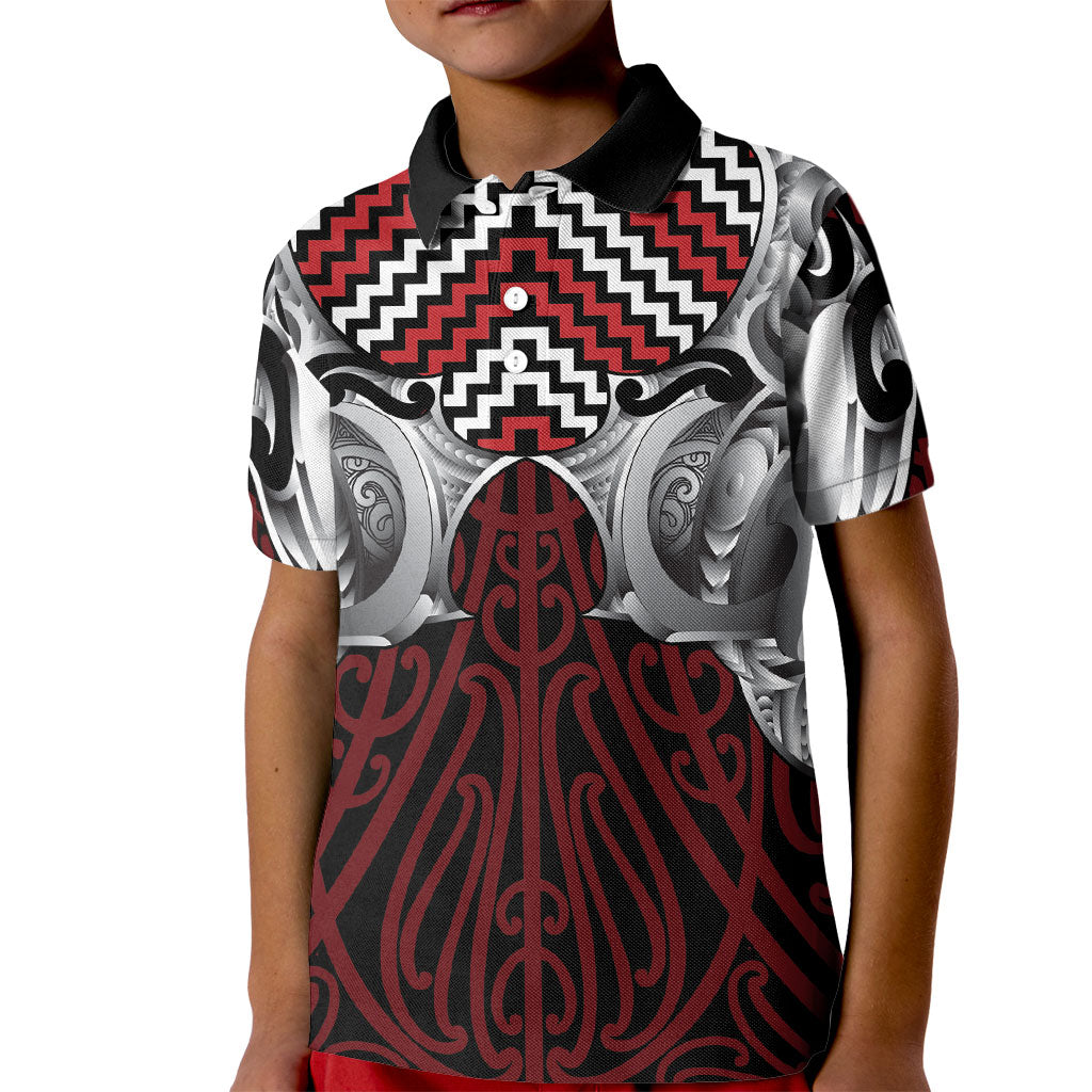 Aotearoa Kowhaiwhai Poutama Red Motif Kid Polo Shirt LT9 Kid Red - Polynesian Pride