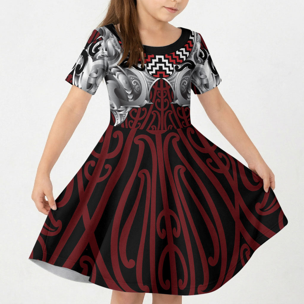 Aotearoa Kowhaiwhai Poutama Red Motif Kid Short Sleeve Dress