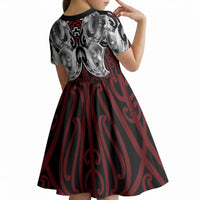 Aotearoa Kowhaiwhai Poutama Red Motif Kid Short Sleeve Dress LT9 - Polynesian Pride