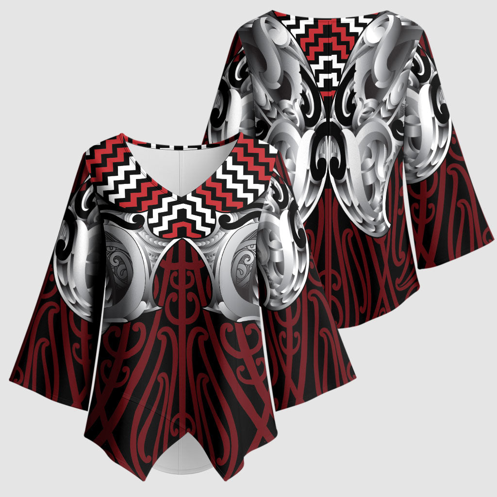 Aotearoa Kowhaiwhai Poutama Red Motif Kimono Sleeve Blouse