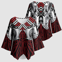 Aotearoa Kowhaiwhai Poutama Red Motif Kimono Sleeve Blouse