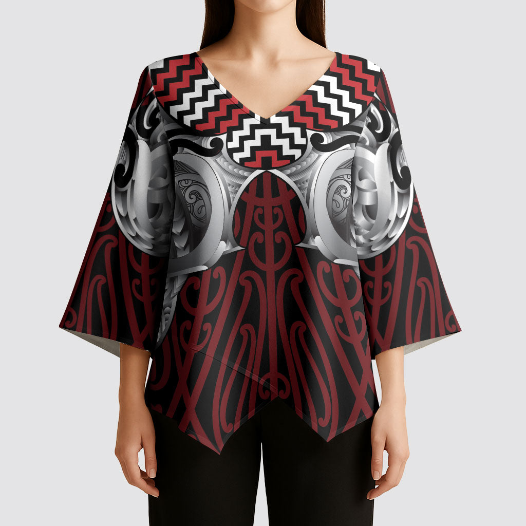 Aotearoa Kowhaiwhai Poutama Red Motif Kimono Sleeve Blouse