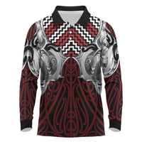 Aotearoa Kowhaiwhai Poutama Red Motif Long Sleeve Polo Shirt LT9 Red - Polynesian Pride