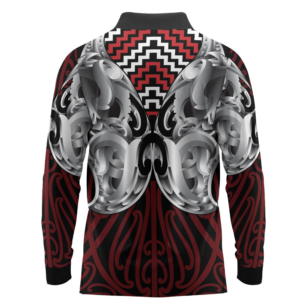 Aotearoa Kowhaiwhai Poutama Red Motif Long Sleeve Polo Shirt LT9 - Polynesian Pride