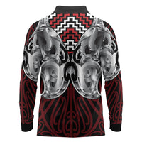 Aotearoa Kowhaiwhai Poutama Red Motif Long Sleeve Polo Shirt LT9 - Polynesian Pride