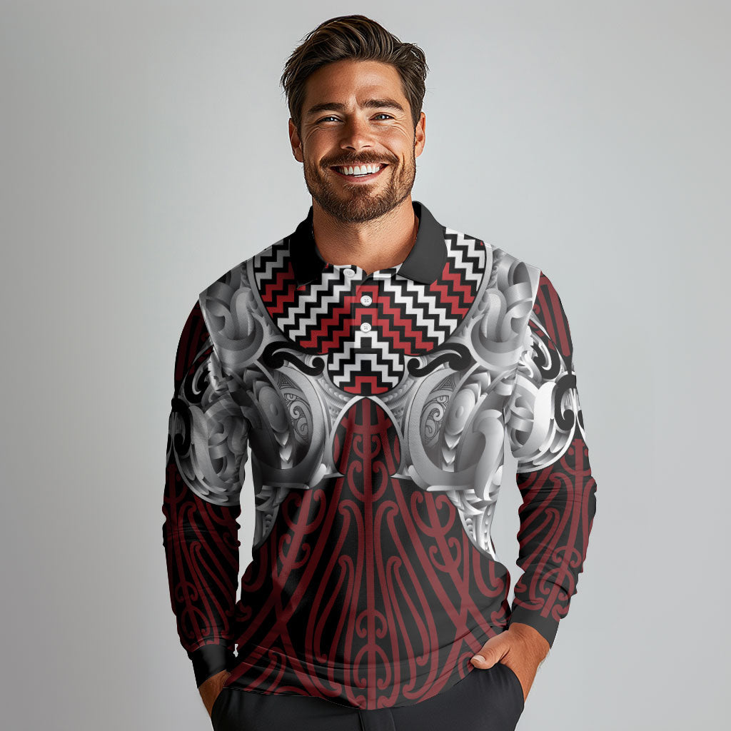 Aotearoa Kowhaiwhai Poutama Red Motif Long Sleeve Polo Shirt LT9 - Polynesian Pride
