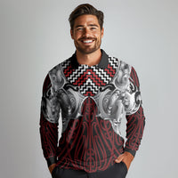 Aotearoa Kowhaiwhai Poutama Red Motif Long Sleeve Polo Shirt LT9 - Polynesian Pride