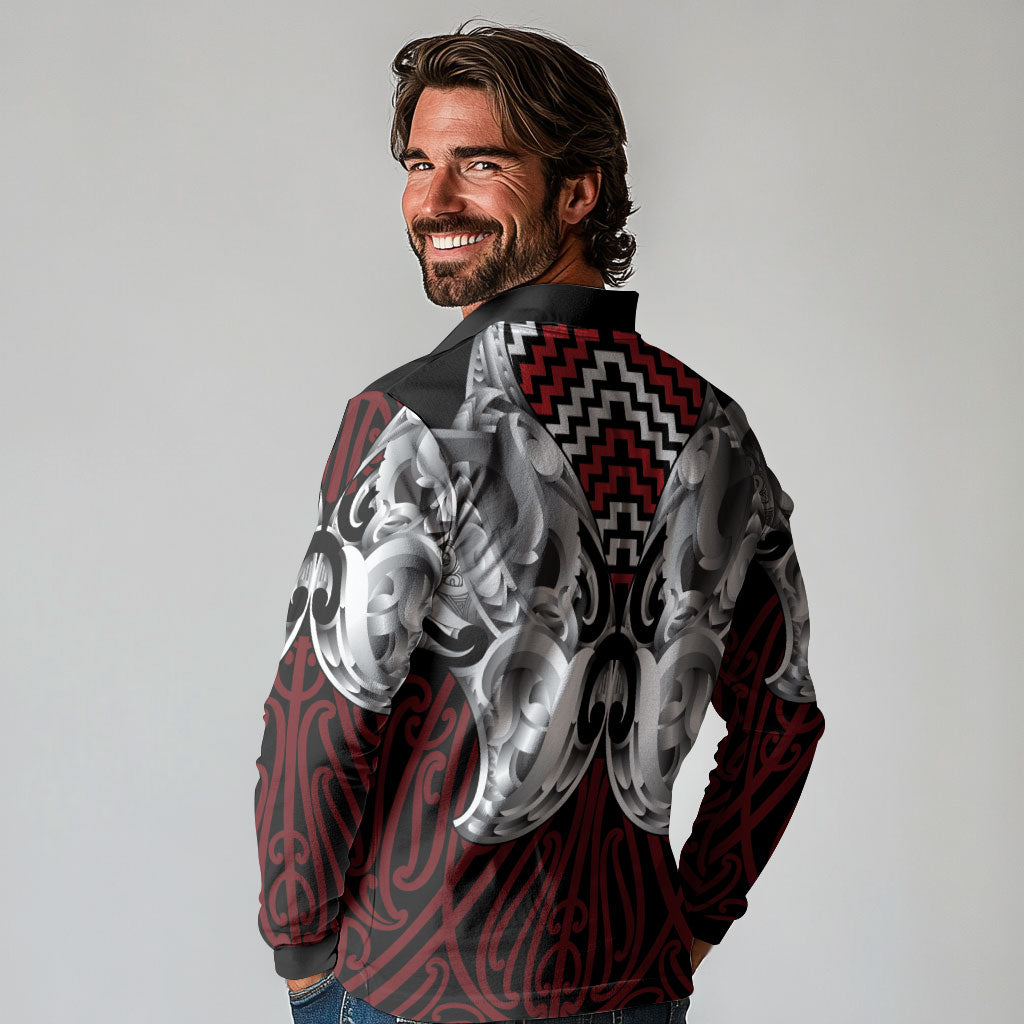 Aotearoa Kowhaiwhai Poutama Red Motif Long Sleeve Polo Shirt LT9 - Polynesian Pride