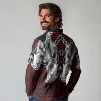 Aotearoa Kowhaiwhai Poutama Red Motif Long Sleeve Polo Shirt LT9 - Polynesian Pride