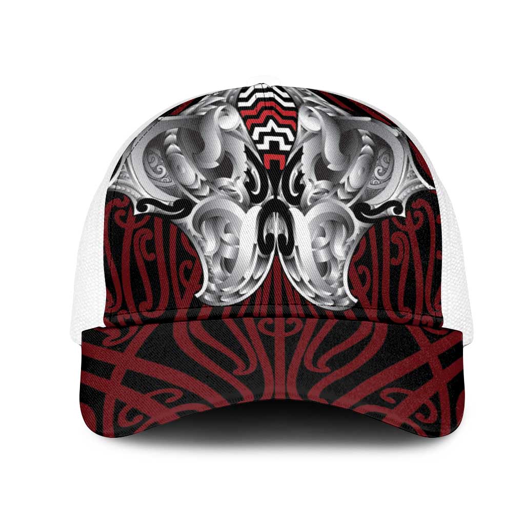 Aotearoa Kowhaiwhai Poutama Red Motif Mesh Trucker Cap