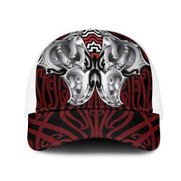Aotearoa Kowhaiwhai Poutama Red Motif Mesh Trucker Cap