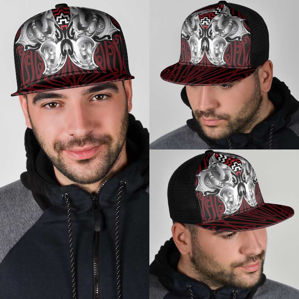 Aotearoa Kowhaiwhai Poutama Red Motif Mesh Trucker Cap