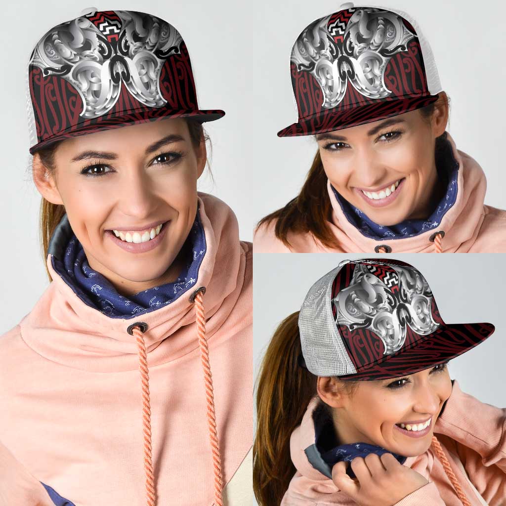 Aotearoa Kowhaiwhai Poutama Red Motif Mesh Trucker Cap
