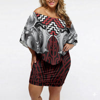 Aotearoa Kowhaiwhai Poutama Red Motif Off Shoulder Short Dress LT9 Women Red - Polynesian Pride