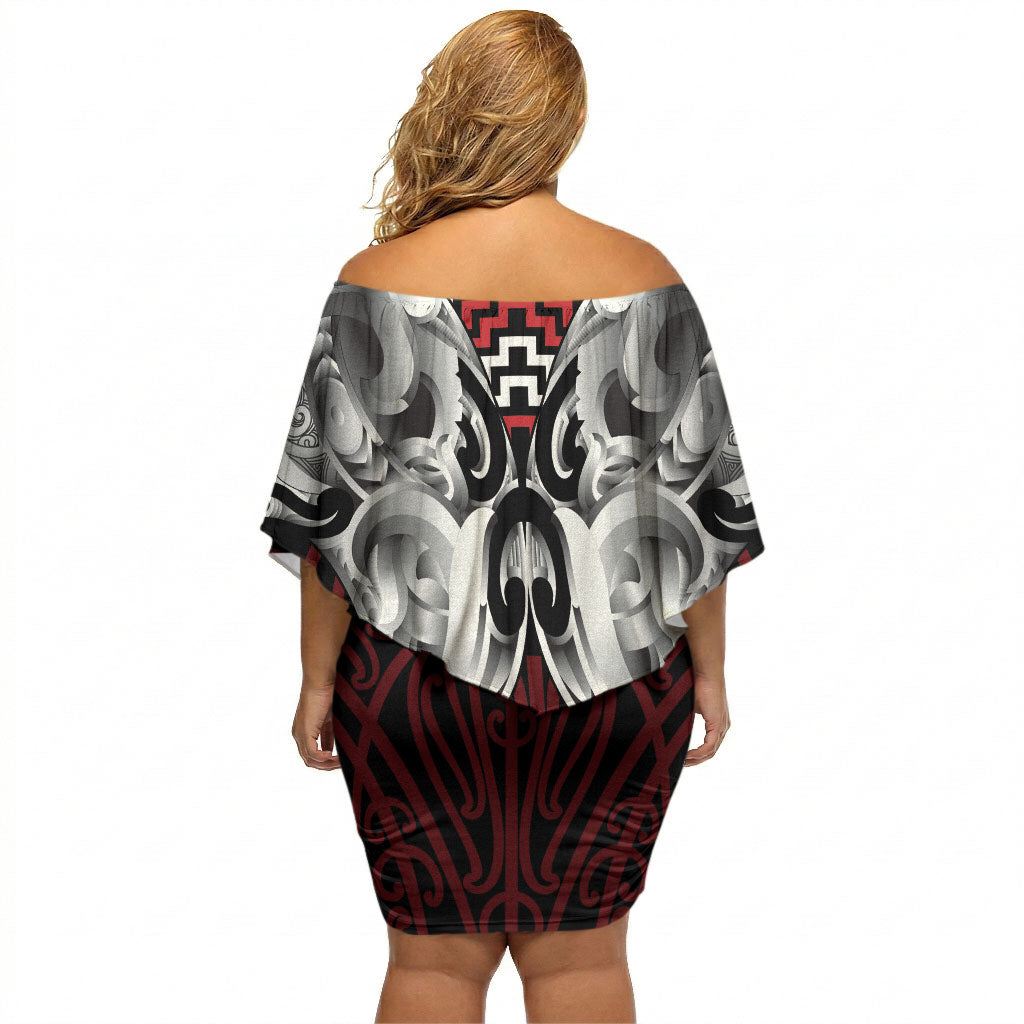 Aotearoa Kowhaiwhai Poutama Red Motif Off Shoulder Short Dress LT9 - Polynesian Pride