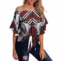 Aotearoa Kowhaiwhai Poutama Red Motif Off Shoulder Wrap Waist Top