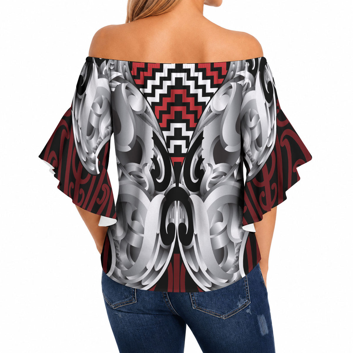Aotearoa Kowhaiwhai Poutama Red Motif Off Shoulder Wrap Waist Top