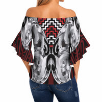 Aotearoa Kowhaiwhai Poutama Red Motif Off Shoulder Wrap Waist Top