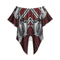 Aotearoa Kowhaiwhai Poutama Red Motif Off Shoulder Wrap Waist Top