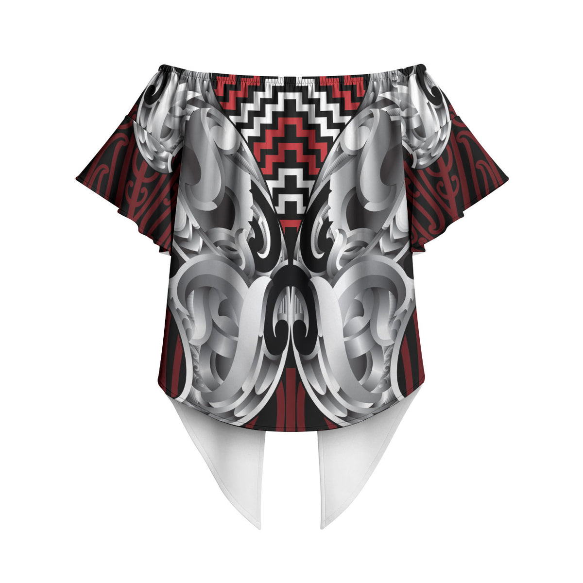Aotearoa Kowhaiwhai Poutama Red Motif Off Shoulder Wrap Waist Top