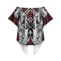 Aotearoa Kowhaiwhai Poutama Red Motif Off Shoulder Wrap Waist Top