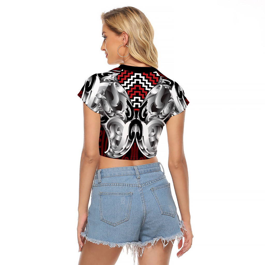 Aotearoa Kowhaiwhai Poutama Red Motif Raglan Cropped T Shirt