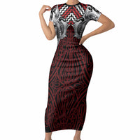 Aotearoa Kowhaiwhai Poutama Red Motif Short Sleeve Bodycon Dress LT9 Long Dress Red - Polynesian Pride