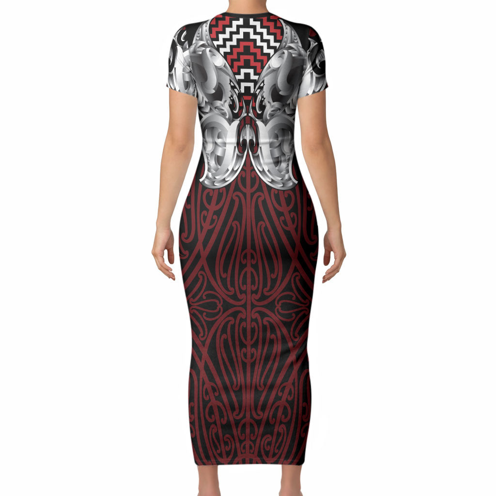 Aotearoa Kowhaiwhai Poutama Red Motif Short Sleeve Bodycon Dress LT9 - Polynesian Pride