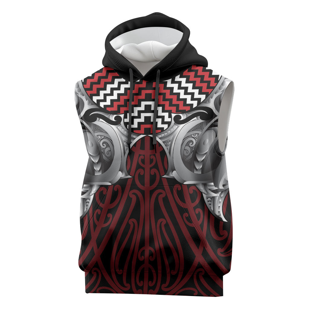 Aotearoa Kowhaiwhai Poutama Red Motif Sleeveless Hoodie LT9 Red - Polynesian Pride
