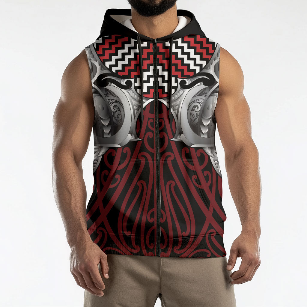 Aotearoa Kowhaiwhai Poutama Red Motif Sleeveless Zip Hoodie LT9 - Polynesian Pride