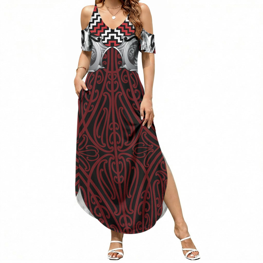 Aotearoa Kowhaiwhai Poutama Red Motif Summer Maxi Dress