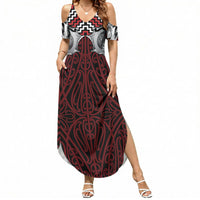 Aotearoa Kowhaiwhai Poutama Red Motif Summer Maxi Dress