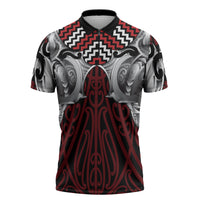 Aotearoa Kowhaiwhai Poutama Red Motif Zipper Polo Shirt LT9 Red - Polynesian Pride