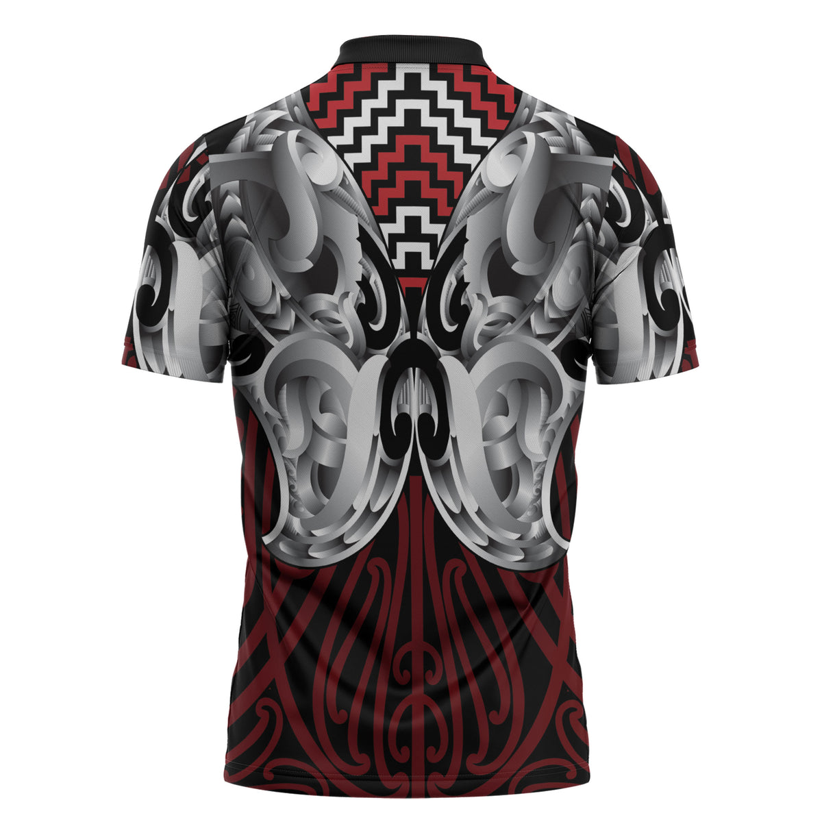 Aotearoa Kowhaiwhai Poutama Red Motif Zipper Polo Shirt LT9 - Polynesian Pride